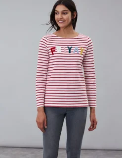Joules Harbour Luxe Long Sleeve Jersey Top Cream Red Stripe UK8