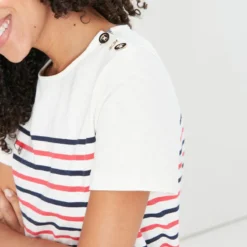 Joules Harbour Stripe Short Sleeved Top Cream Stripe -Equestrian Supplies Shop Joules Harbour Stripe Womens Short Sleeved Button Shoulder Top 1
