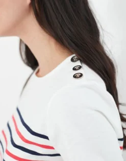 Joules Harbour Stripe Short Sleeved Top Cream Stripe -Equestrian Supplies Shop Joules Harbour Stripe Womens Short Sleeved Button Shoulder Top 3