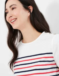 Joules Harbour Stripe Short Sleeved Top Cream Stripe -Equestrian Supplies Shop Joules Harbour Stripe Womens Short Sleeved Button Shoulder Top 5