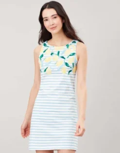 Joules Riva Print Sleeveless Jersey Dress Lemon Stripe Border UK16