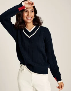 Joules Women's Dawson V-Neck Cricket Jumper - Navy Crème