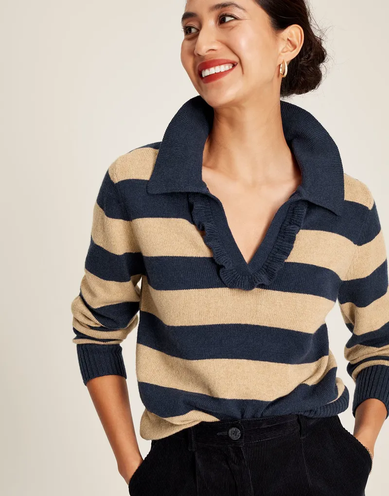 Joules Women's Maddie Striped V-Neck Jumper - Oat Stripe 3 Joules Women's Maddie Striped V-Neck Jumper - Oat Stripe